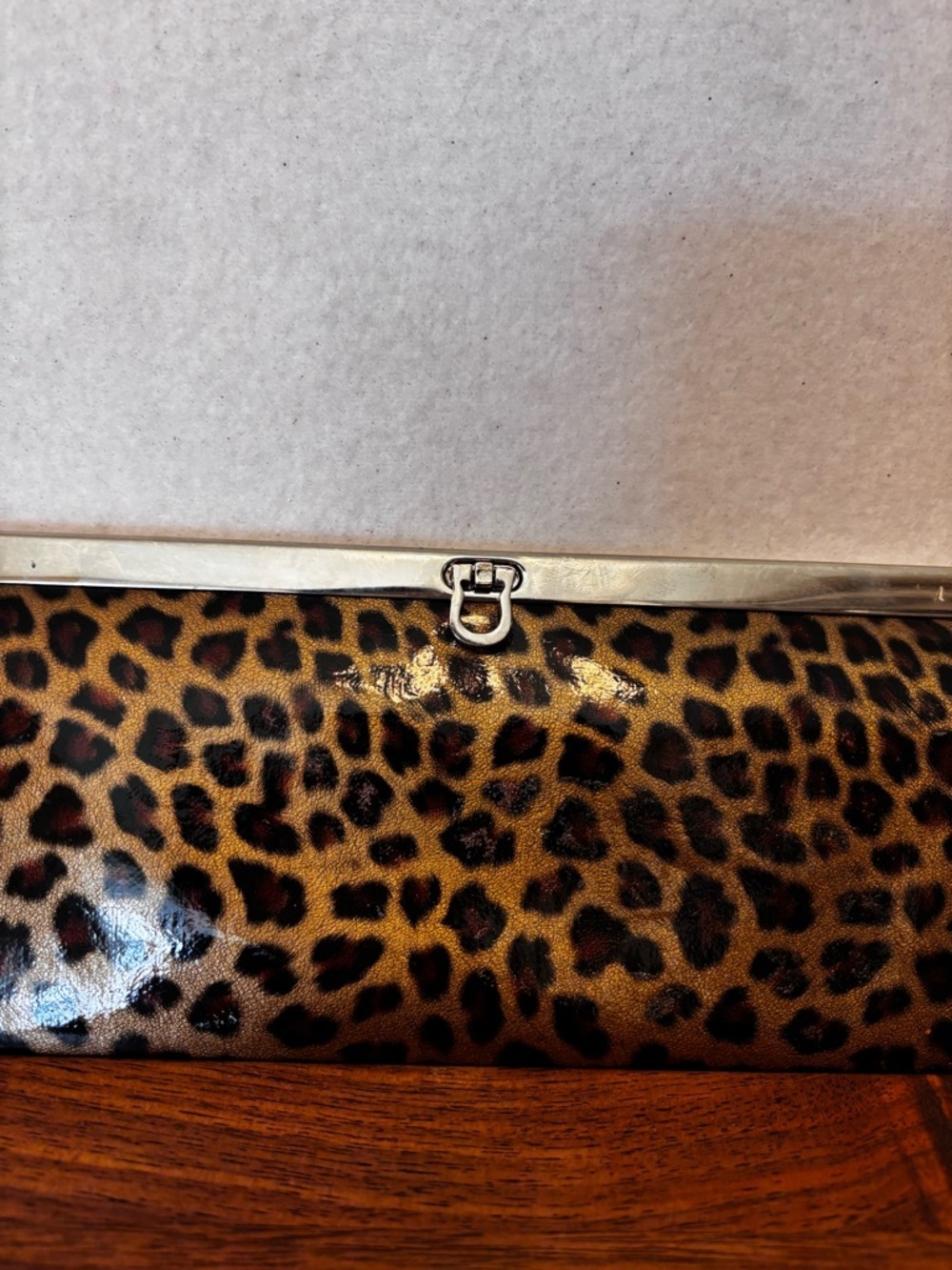 Leopard Print Glossy Faux Leather Clutch Wallet Frame Kiss Lock